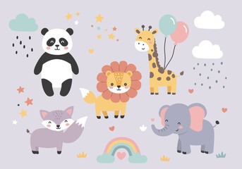 Adorable Baby Animals Featuring Cute Panda Lion Elephant Giraffe and Fox Surrounded by Stars Clouds Raindrops and Rainbows for Nursery Decor and Kids Room Art