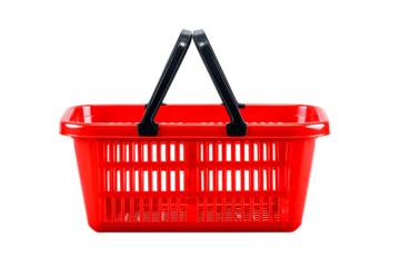 Plastic shopping basket with black handles, isolated on black background.
