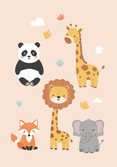 Fototapeta premium Error geCartoon animals illustration featuring a panda giraffe lion fox and elephant on a light backgroundnerating title