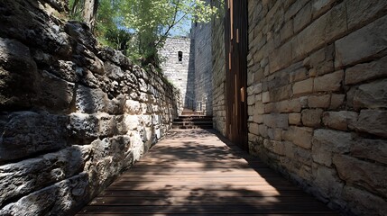 Obraz premium Ancient stone walls, modern walkway .
