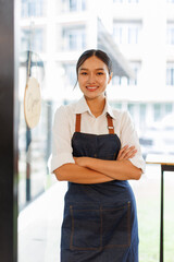 Startup successful small business owner sme beauty girl stand with arms crossed in coffee shop...
