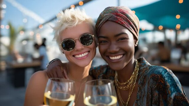 Friends enjoying laughter while toasting at a beach sidebar