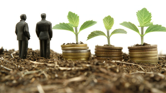 Businessmen Observing Growth of Seedlings on Stacks of Coins Representing Investment and Financial Prosperity in Agriculture and Sustainability