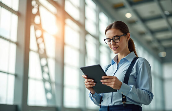 Businesswoman in glasses works with digital tablet. Modern office tech for online communication, data processing, business management, digital marketing, project planning,. Confident woman smiles