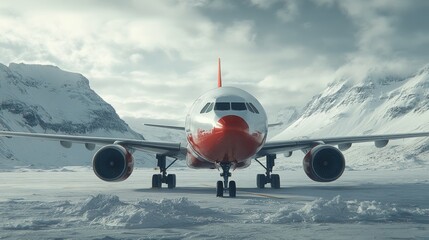 Jet on snowy mountain runway