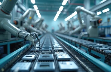 Robotic arms assembly line semiconductor manufacturing. Automation, technology modern production process, microchip production, innovation. Electronic components assembly, factory. Conveyor belt with