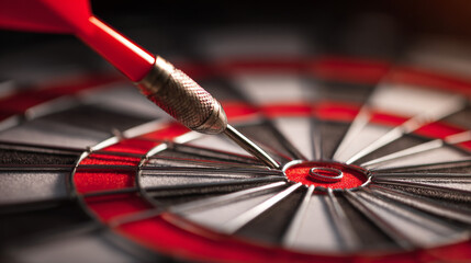 Fototapeta premium A red dart pierces the bullseye, conveying themes of business achievement and goal setting