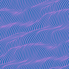 Abstract vector seamless pattern with liquid wavy lines, stripes, fluid shapes, waves. Trendy organic background texture with illusion of movement, dynamic ripple surface. Neon blue and purple design
