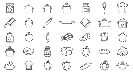 A Collection of Hand Drawn Icons Representing Various Food Preparation Tools Ingredients and Culinary Items Found in the Kitchen