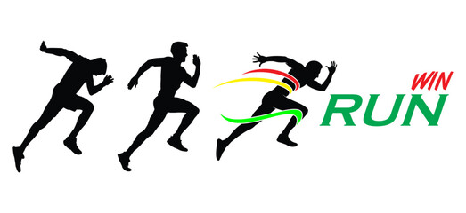 The runner wins by crossing the finish line ribbon on a white background. Sport and fitness motivation