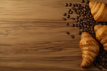Warm Wooden Background with Freshly Baked Croissants and Aromatic Coffee Beans, Perfect for Breakfast or Cafe Concepts