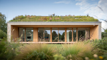 Fototapeta premium Modern Eco-Friendly House with Green Roof and Wooden Facade, Sustainable Architecture Surrounded by Nature, Energy-Efficient Home Design