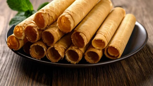 Delicious rolled wafer cookies stacked on a dark plate with mint leaves for garnishment, displayed on wood table