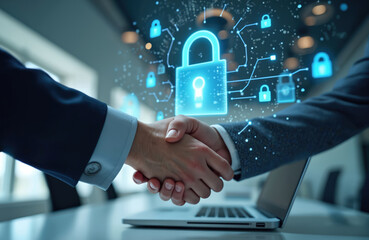 Obraz na płótnie Canvas Business handshake secures data network with digital lock. Secure online digital agreement, business deal. Partnership protects confidential information, cybersecurity. Secure data protection, secure