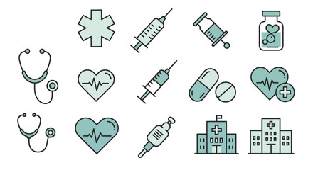 Collection of Medical Icons Including Stethoscope Heartbeat ECG Syringes Pills Hospital Buildings and Medical Cross Symbols Representing Healthcare and Wellness