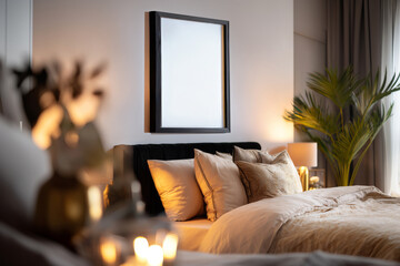 Ai Generated Aesthetic Closeup of One Single Black Blank A4 ISO Paper Wall Art Frame For a Mockup on the wall of a Cozy Scandi Minimalistic Bedroom Interior in Beige Black colors