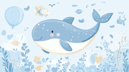 Cute Blue Whale Boy Baby Shower Card Flat Vector Illustration