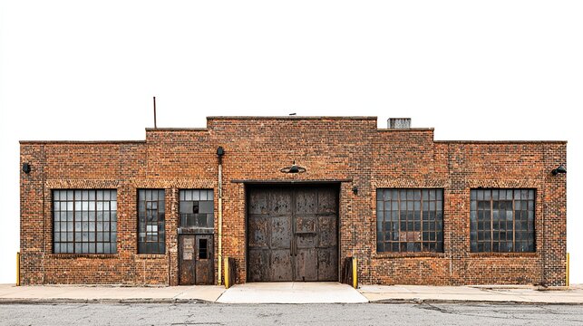 Brick warehouse exterior at street level against a blank background for business use