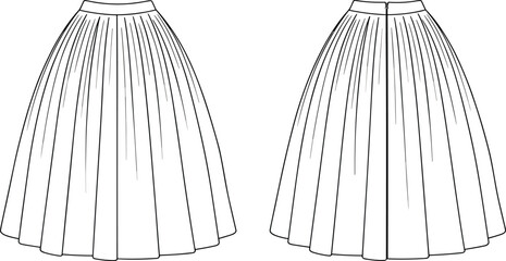 Stylish Women's Pleated Full Skirt Cad Drawing Flat Vector Illustration, Fashionable Apparel Template for Modern Clothing Collection and Technical Design Projects