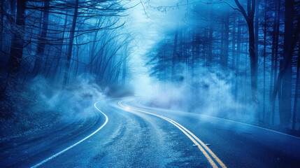 Mysterious Foggy Road in a Dimly Lit Forest Surrounded by Ethereal Mist and Shadows