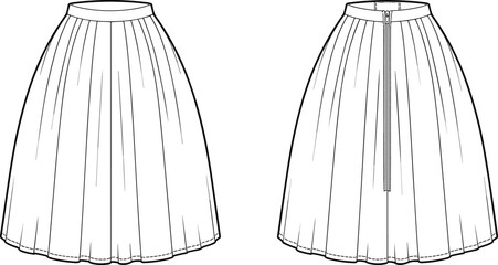  Stylish Women's Pleated Skirt Cad Drawing Flat Vector Illustration, Fashionable Apparel Template for Modern Clothing Collection and Technical Design Projects