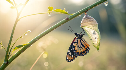 Freshly emerged monarch butterfly clings to its chrysalis in soft morning light, symbolizing transformation, rebirth, and new beginnings.