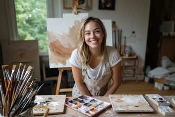 Fototapeta premium Creative artist's workspace in a cozy studio captured in detail for inspiration and organization tips
