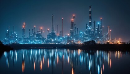 Obraz premium Industrial plant with night illumination lights over water. Refinery, factory with silhouette towers pipes against night sky. Reflection in water. Industrial cityscape skyline at night.
