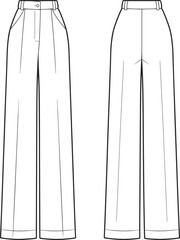 Stylish Women's Pleated Wide Leg Trousers Cad Drawing Flat Vector Illustration, Fashionable Apparel Template for Modern Clothing Collection and Technical Design