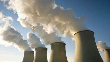 Industrial Cooling Towers Emitting Steam Under Bright Blue Sky with Fluffy Clouds in Background