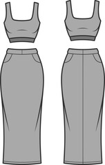 Stylish Women's Two Piece Set Cad Drawing Flat Vector Illustration, Fashionable Crop Top and Midi Skirt Apparel Template for Modern Clothing Collection Design