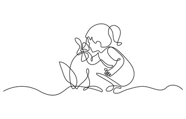 Child smelling flower in continuous line art drawing style. Small girl squatted down to sniff the fragrant flower. Black linear sketch isolated on white background. Vector illustration