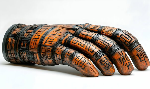 Textured, orange hand sculpture lies on white surface, with dark maze-like designs and segmented joints for flexible movement