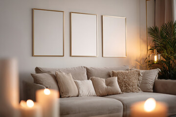 Ai Generated Aesthetic Closeup of Three Gold Brass Blank A4 ISO Paper Wall Art Frames For a Mockup on the wall of a Luxury Cozy Living Room Interior in Beige, Brown and Gold colors