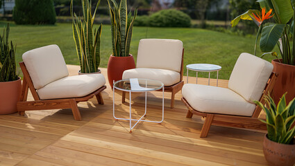 Fototapeta premium Modern Outdoor Lounge Set with White Cushioned Chairs and Side Tables on Wooden Deck, Cozy Garden Seating Area with Potted Plants