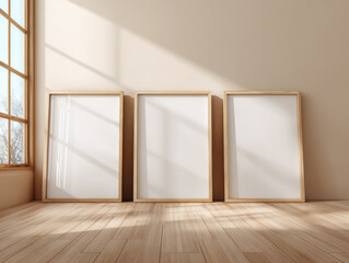 Ai Generated Aesthetic Closeup of Three Gold Brass Blank A4 ISO Paper Wall Art Frames With Shadows and Reflection For a Mockup Standing on the Wooden Floor against Minimalistic White Wall