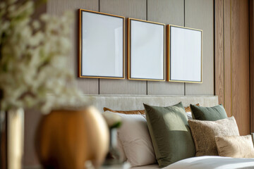 Ai Generated Aesthetic Closeup of Three Golden Brass Blank A4 ISO Paper Wall Art Frames For a Mockup on the wall of a Luxury Bedroom interior in Beige, Gold and Green colors