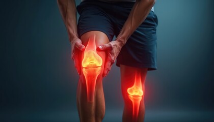 Man holds painful knees with glowing red-yellow bones. Injury joint pain concept. Athlete feels pain in patella. Health care needs recovery rehabilitation after sport trauma. Medical assistance.