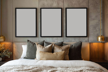 Ai Generated Three Black Blank A4 ISO Paper Wall Art Frames For a Mockup on the wall of a Luxury Bedroom interior in Beige, Gold and Grey colors