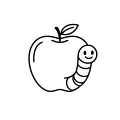 apple with smiling worm illustration , cute black and white apple with smiling worm illustration in minimal cartoon line style