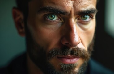 Obraz premium Close-up portrait man with green eyes and beard. Serious look reflects intensity. Focus on human face, natural beauty. Model face, confident, open gaze. Perfect for beauty, fashion projects.