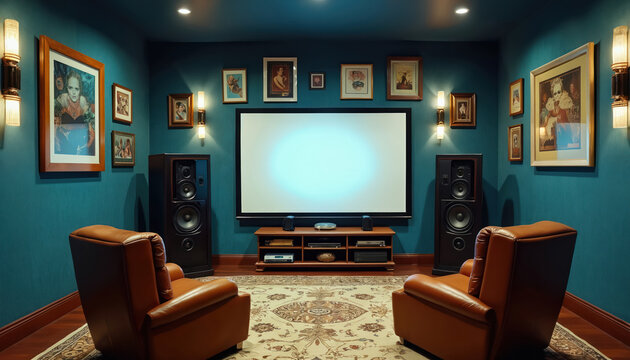Cozy retro home theater room. Vintage decor with screen, audio system, comfortable leather chairs create perfect ambience for movie night. Nostalgic interior design, classic design from the 80s.