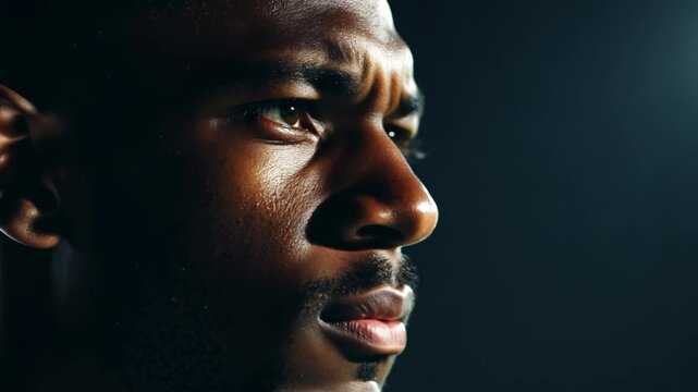 Football player gazing with determination, cinematic close up