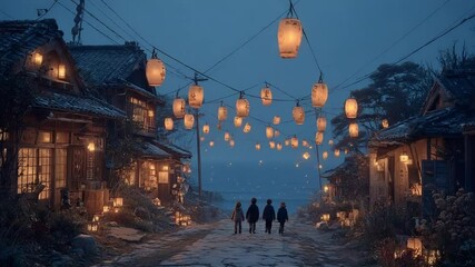 Enchanting japanese village at night adorned with glowing lanterns and children - Powered by Adobe