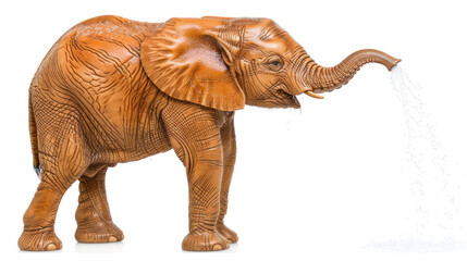 Fototapeta premium Wooden elephant statue with intricate carvings and water spouting from trunk, ideal for artful home decor and garden enhancement