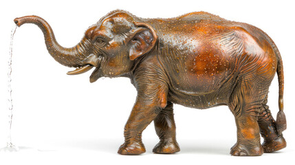 Obraz premium Brown ceramic elephant sculpture pouring water from trunk, showcasing intricate details and vibrant texture, perfect for decorative purposes and collections