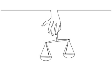 One single line drawing of hand holding weight scale symbol for world day of social justice, Hand holding gavel law balance and scale of justice equilibrium equality judgment. Libra icon one line 