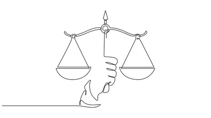 Self drawing animation of single continuous line drawing human hand holding a scale, The justice of law. World Day of Social Justice. Full length single line 
