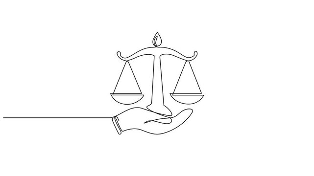 Self drawing animation of single continuous line drawing human hand holding a scale, The justice of law. World Day of Social Justice. Full length single line 