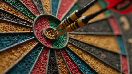 A close-up image of a dartboard with darts embedded in it